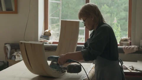 Worker Of Carpentry Manufacturing Joinery Grinding Wood With Instrument Stock Footage 240276116