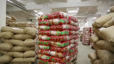 Worker carries on loading a stack of bags of pasta Stock Footage 113061245