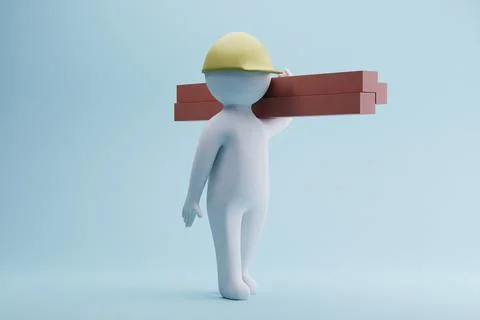 Worker carrying bricks, pastel background, construction, 3D render, website Stock Illustration
