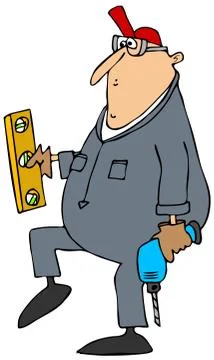 Worker carrying drill and level Stock Illustration