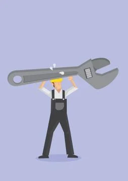 Worker Carrying Huge Adjustable Wrench Spanner Stock Illustration