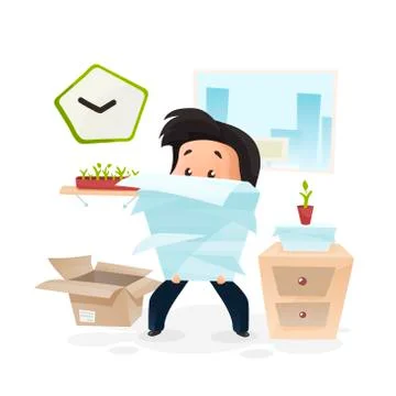 Worker carrying a stack of documents, flat vector Stock Illustration