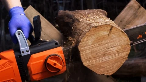 Worker with chainsaw cutting wood close-up video. Stock Footage 89558371
