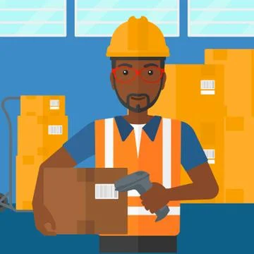Worker checking barcode on box Stock Illustration