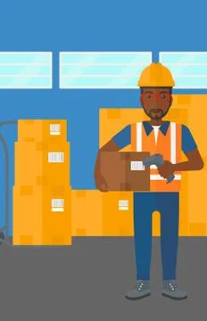 Worker checking barcode on box 스톡 일러스트