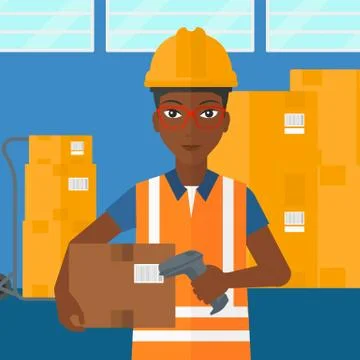 Worker checking barcode on box Illustrazione stock