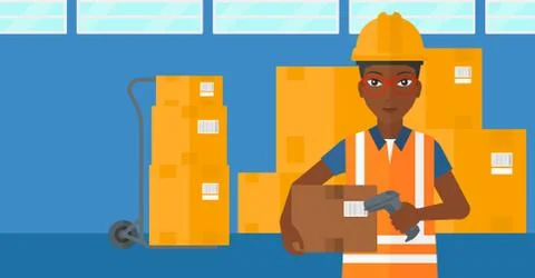 Worker checking barcode on box Illustrazione stock