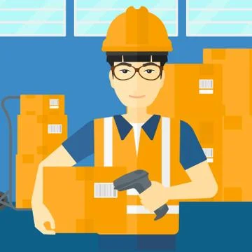 Worker checking barcode on box Stock Illustration