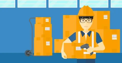 Worker checking barcode on box Illustrazione stock