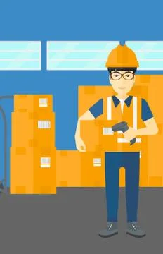 Worker checking barcode on box Stock Illustration