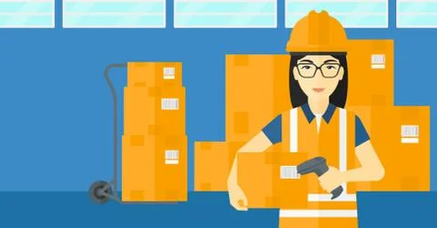 Worker checking barcode on box Stock Illustration
