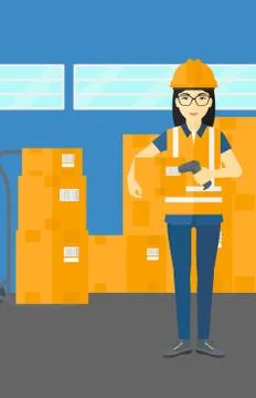 Worker checking barcode on box Illustrazione stock