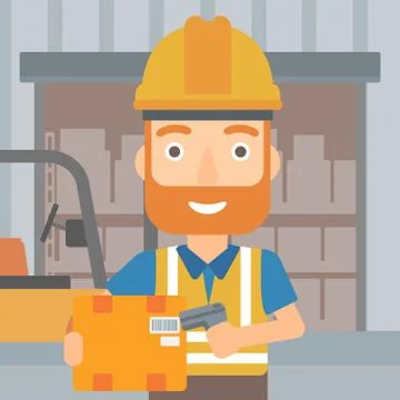 Worker checking barcode on box. Stockillustratie
