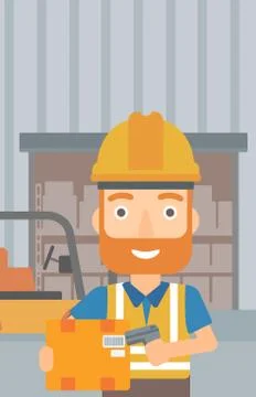 Worker checking barcode on box. Stockillustratie