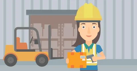 Worker checking barcode on box. 库存插图
