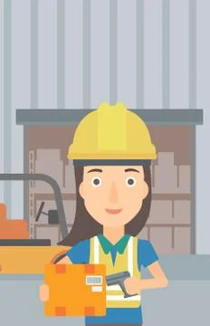 Worker checking barcode on box. Stock-Illustration