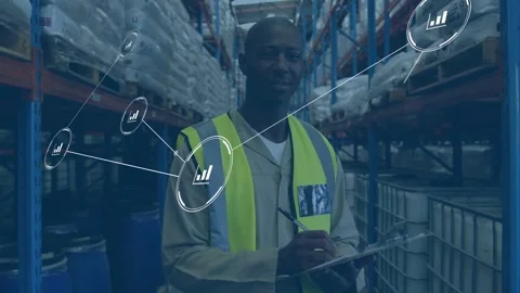 Worker checking clipboard, starting data nodes appearing and linking racks, Stock Footage 332843940