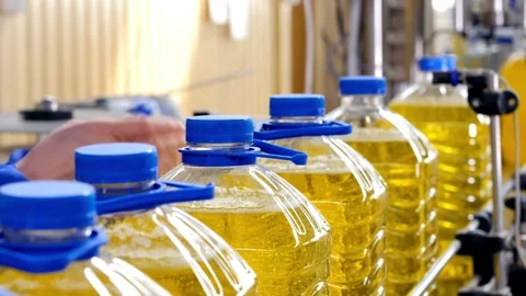 Worker checking each one of Oil in line bottle Processing plant factory. Quality Stock-Footage 334587485