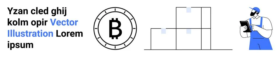 Worker Checking Inventory with Bitcoin Symbol and Lorem Ipsum Text in Blue .. Stock Illustration