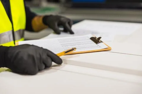 Worker checking inventory list in industrial warehouse Stock Photos