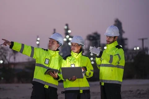 Worker checking plans and safety protocols at construction site industrial .. Stock Photos