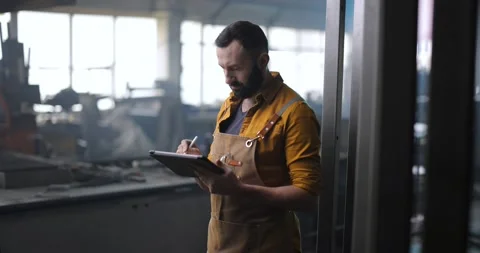 Worker checking the quality of metal products with a digital tablet Stock Footage 147288160