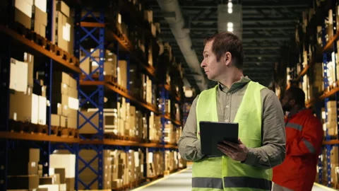 Worker checking shipment labels in modern warehouse facility Stock Footage 332906838