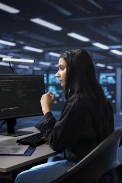 Worker checking for signs of imminent failure in data center establishment gear 库存照片