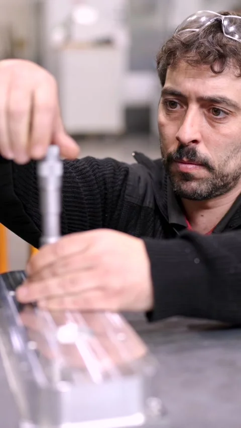 Worker checking the size of holes on a metal piece Stock Footage 258512551