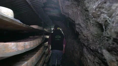 Worker checking the Spanish blue cheese in caves, Cabrales cheese, Asturias,  Stock-Footage 189367672