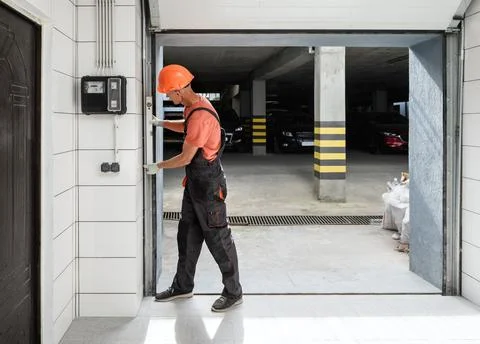 Worker is checking with the water level the vertical guide of the lift gate. Stock Photos