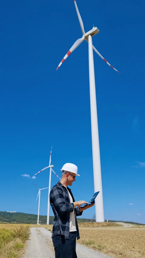 Worker checks data near wind turbines in open field. A worker in a hard hat Stock Footage 342737586