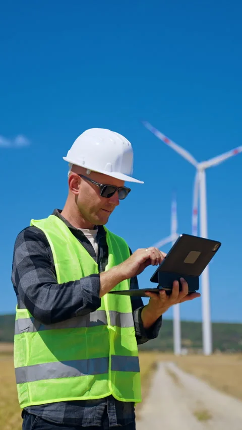 Worker checks data on tablet near wind turbines. A worker in a safety vest looks Stock Footage 342738937