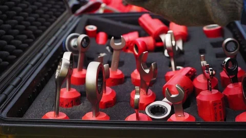 Worker checks torque wrench head at electricity substation Video stock 127758250