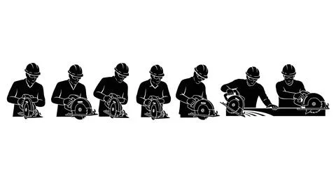 Worker with Circular Saw Silhouette Set Stock Illustration