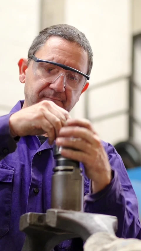Worker cleaning an industrial machine in a cnc factory Stock-Footage 260271698