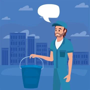 Worker cleaning man bucket vector ilustration Ilustración de archivo