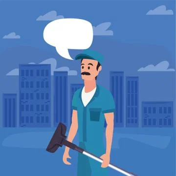 Worker cleaning man vacuum machine Ilustración de archivo