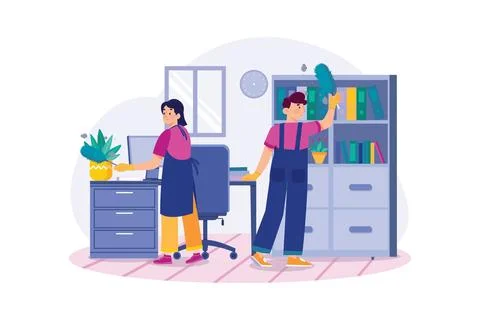 Worker cleaning the office with a feather brush Stock Illustration