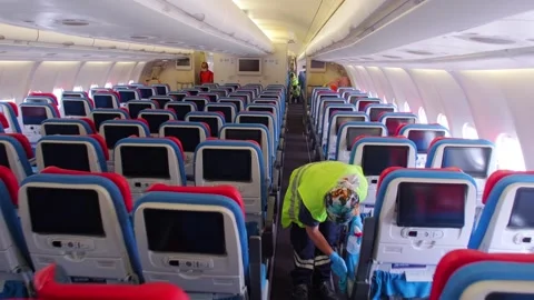 Worker, cleaning, passenger cabin, airplane, aviation,airline, flight, Stock Footage 243632197