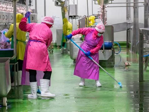 Worker cleaning PU floor with mop. Foto stock
