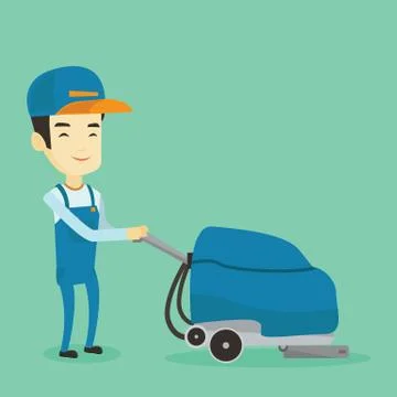 Worker cleaning store floor with machine Stock Illustration