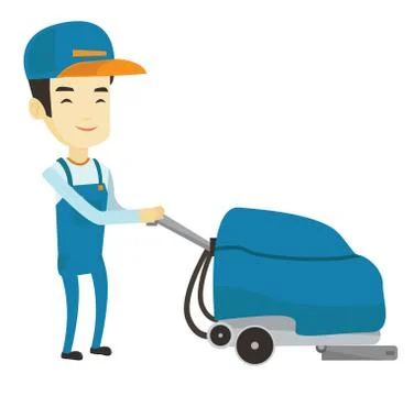 Worker cleaning store floor with machine Stock Illustration