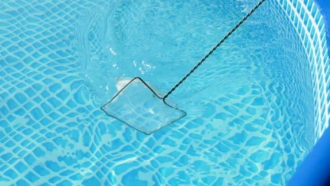Worker is cleaning swimming pool of the fallen leaves with net equipment Stock Footage 156954699