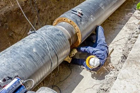Worker is cleaning weld with a abrasive machine, grinder Stock Photos