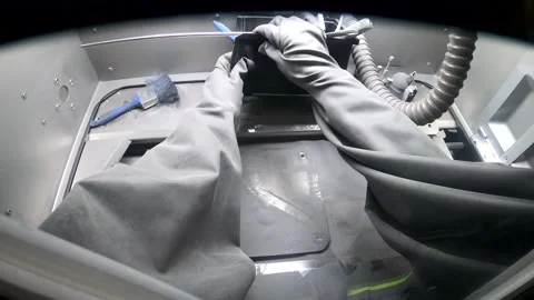 Worker cleans up working tools inside working chamber of 3d printer for metal Stock Footage 166280401