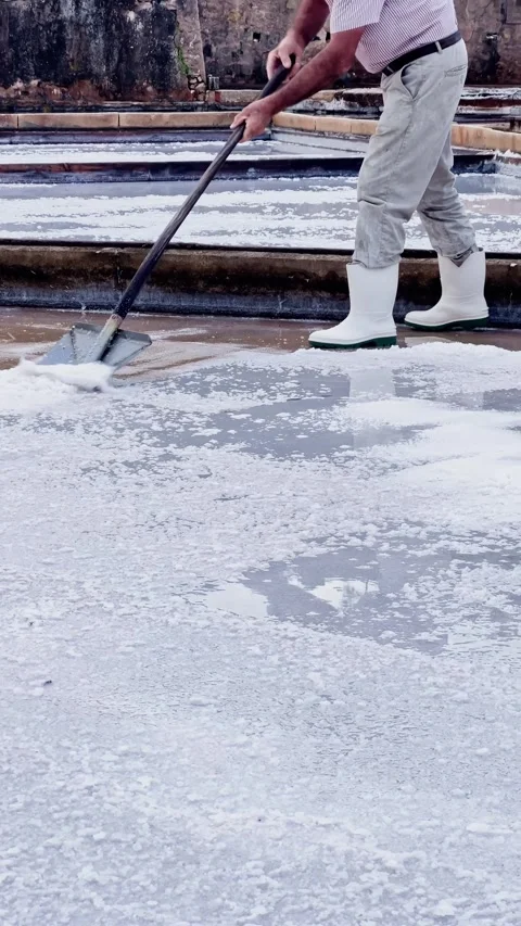 Worker clears salt from large pans with shovel Video stock 347920808