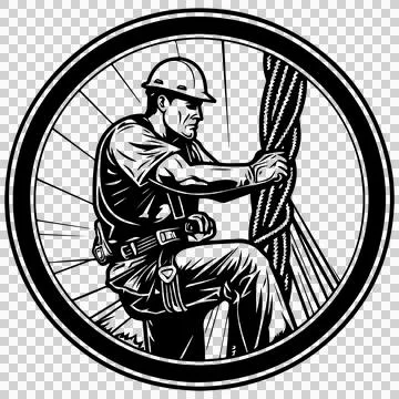 Worker Climbing Rope In Circular Frame harness helmet circle Stock Illustration