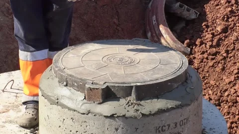 The worker closes the lid of the sewer collector Stock Footage 157325845