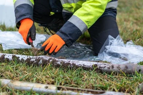 Worker collects soil samples from core drill Foto stock